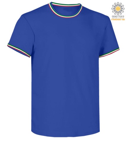 Round neck work T-shirt, collar and sleeve bottom in contrasting and stripes of color on the shoulders, color Royal Blue.