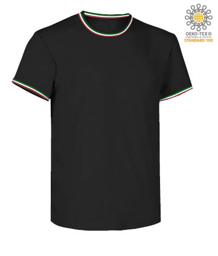 Round neck work T-shirt, collar and sleeve bottom in contrasting and stripes of color on the shoulders, color black