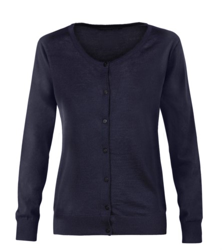 Women cardigan with crew neck, ribbed neck, cuffs and bottom hem, front buttoning, wool and polyacrylic fabric.
color navy blue

