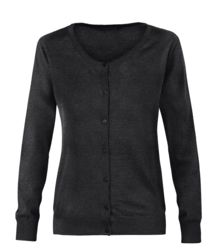 Women cardigan with crew neck, ribbed neck, cuffs and bottom hem, front buttoning, wool and polyacrylic fabric.
color dark grey
