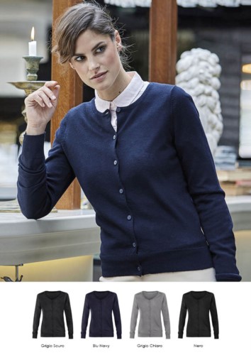 Women cardigan with crew neck, ribbed neck, cuffs and bottom hem, front buttoning, wool and polyacrylic fabric.