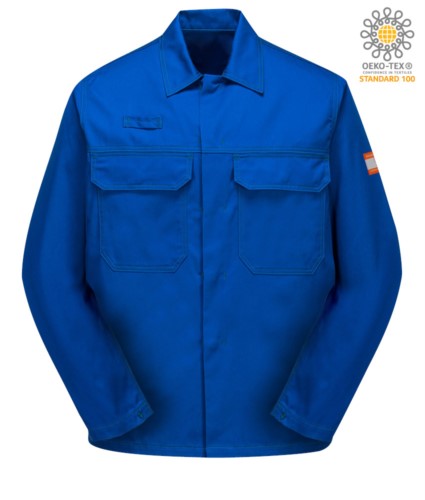 Acidproof jacket, concealed button closure, two chest pockets, certified EN 13034, royal blue colour