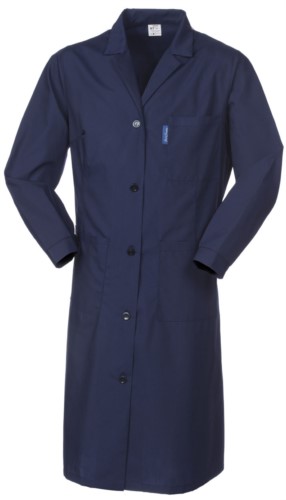 Woman robe, central button closure, open collar, full back, two patch pockets and one small pocket, colour navy blue