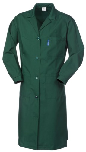 Woman robe, central button closure, open collar, full back, two patch pockets and one small pocket, colour green