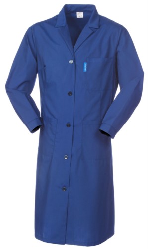 Woman robe, central button closure, open collar, full back, two patch pockets and one small pocket, colour royal blue