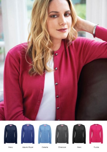 Women crew-neck cardigan, ribs, hem and cuffs, central buttoning, cotton and acrylic fabric