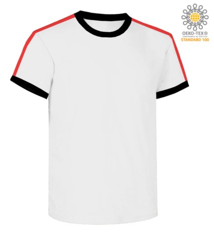Round neck work T-shirt, collar and sleeve bottom in contrasting and stripes of color on the shoulders, color white