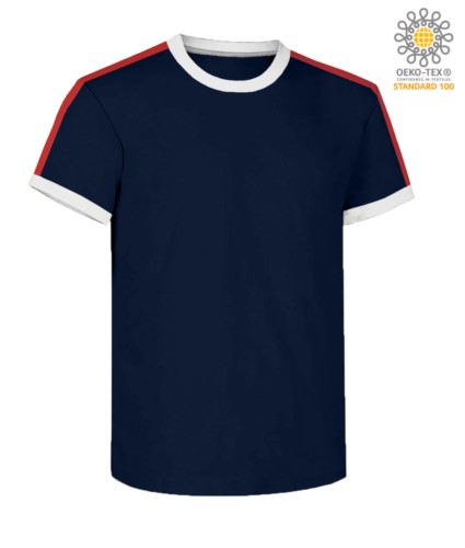 Round neck work T-shirt, collar and sleeve bottom in contrasting and stripes of color on the shoulders, color navy blue 
