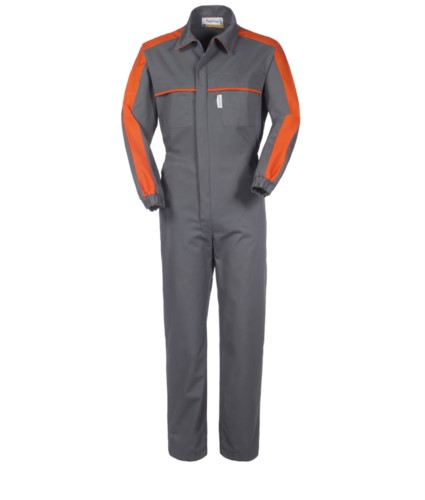 Multi-pocket workwear with contrasting details on shoulders and chest, elasticated cuffs, shirt collar, colour grey and orange colour