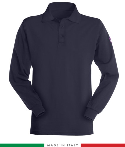 Long-sleeved, fireproof and antistatic polo shirt, Made in Italy, two-button closure, certified EN 1149-5, EN 11612:2009, EN 13688:2013, blue color