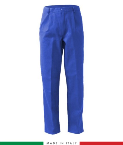 Two-tone multipro trousers, multi-pocket, coloured profile on the pockets, Made in Italy, certified EN 11611, EN 1149-5, EN 13034, CEI EN 61482-1-2:2008, EN 11612:2009, color royal blue
