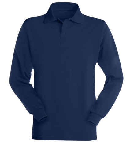 Long-sleeved, flame-retardant and antistatic polo shirt, collar with 3 buttons and elasticated cuffs, navy blue colour, certified to EN 1149-5, EN 11612:2009