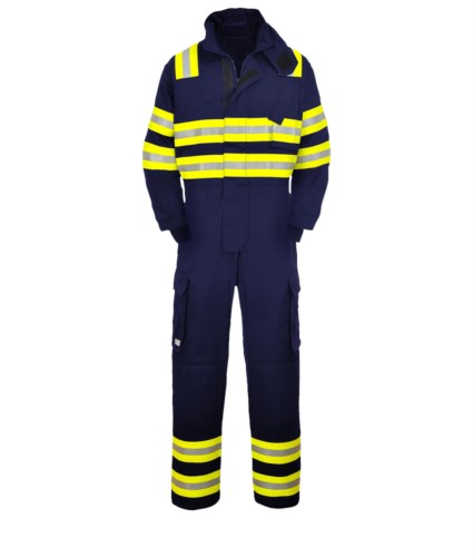 Fireproof coverall, double reflective band shoulders, elbows and bottom leg, two side pockets, navy blue color. EN 1149-5, EN 11612:2009, EN 15614 certified
