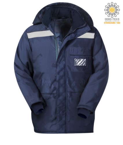 Freezer jacket, double verso zip, long and narrow cuffs, reflective tape jacket, chest pocket, blue color. CE certified, EN 342:2004
