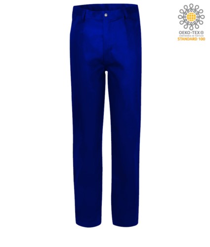 Fireproof trousers, zip closure, two front pockets, tape measure pocket, royal blue color. CE certified, NFPA 2112, EN 11611, EN 11612:2009, ASTM F1959-F1959M-12
