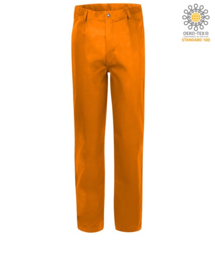 Fireproof trousers, zip closure, two front pockets, tape measure pocket, orange color. CE certified, NFPA 2112, EN 11611, EN 11612:2009, ASTM F1959-F1959M-12