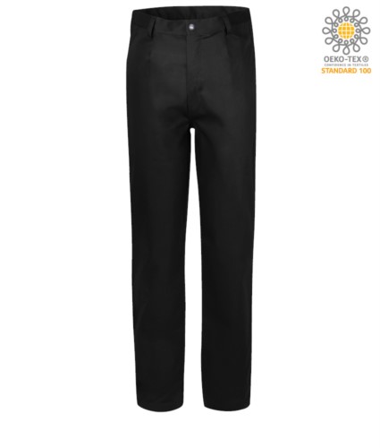 Fireproof trousers, zip closure, two front pockets, tape measure pocket, black color. CE certified, NFPA 2112, EN 11611, EN 11612:2009, ASTM F1959-F1959M-12