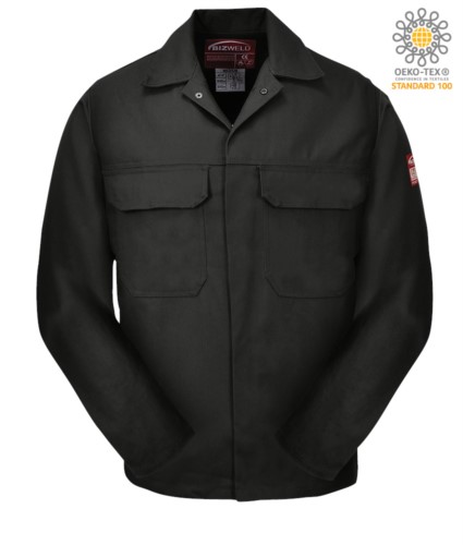 Fireproof jacket, covered button closure, two pockets, cuffs closed with button, navy blue color. CE certified, NFPA 2112, EN 11611, EN 11612:2009, ASTM F1959-F1959M-12
