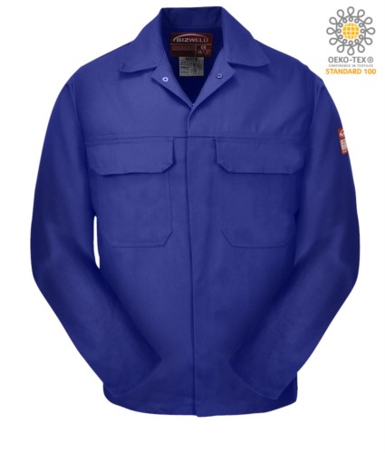 Fireproof jacket, covered button closure, two pockets, cuffs closed with button, royal blue color. CE certified, NFPA 2112, EN 11611, EN 11612:2009, ASTM F1959-F1959M-12
