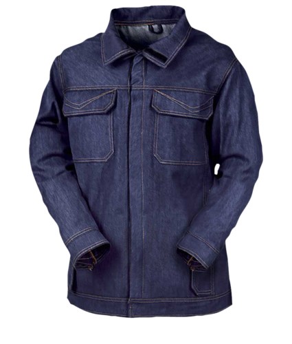 Fireproof jacket, two front and chest pockets, snap opening, rear ventilation system, navy blue. CE certified, EN 11611, EN 11612:2009