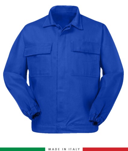 Multipro jacket, covered button closure, two chest pockets, elasticated cuffs, colour inserts on shoulders and inside collar, Made in Italy, certified EN 11611, EN 1149-5, EM 13034, CEI EN 61482-1-2:2008, EN 11612:2009, colour roayl blue