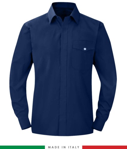 Fireproof shirt, antistatic, long sleeve antacid, chest pocket, Made in Italy, certified EN 1149-5, EN 13034, EN 14116:2008, color navy blue
