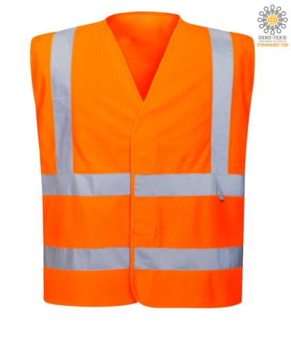 High visibility antistatic fireproof vest, closed with velcro, double reflective band on the waist, certified UNI EN 20471:2013, EN 1149-5, UNI EN ISO 14116:2008, color orange 