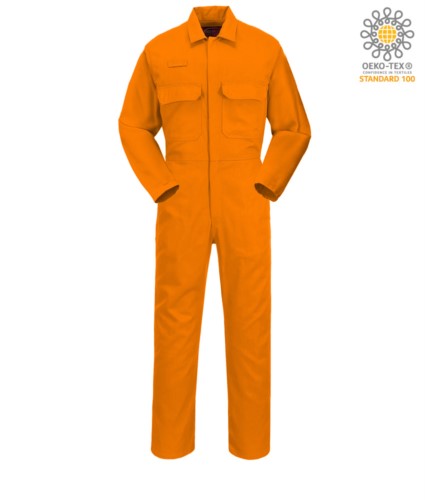 Fireproof suit, Radio ring, button fly, chest pockets, tape measure pocket, adjustable cuffs, orange color. CE certified, NFPA 2112, EN 11611, EN 11612:2009, ASTM F1959-F1959M-12