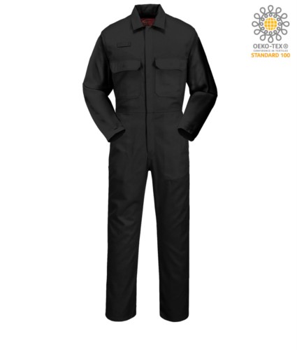 Fireproof suit, Radio ring, button fly, chest pockets, tape measure pocket, adjustable cuffs, black color. CE certified, NFPA 2112, EN 11611, EN 11612:2009, ASTM F1959-F1959M-12