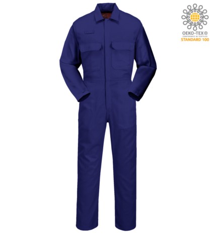 Fireproof suit, Radio ring, button fly, chest pockets, tape measure pocket, adjustable cuffs, navy blue color. CE certified, NFPA 2112, EN 11611, EN 11612:2009, ASTM F1959-F1959M-12