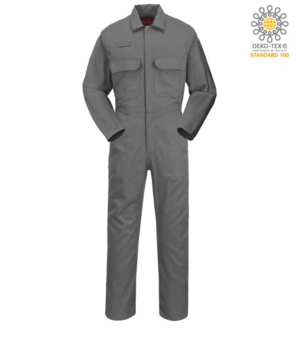 Fireproof suit, Radio ring, button fly, chest pockets, tape measure pocket, adjustable cuffs, grey color. CE certified, NFPA 2112, EN 11611, EN 11612:2009, ASTM F1959-F1959M-12