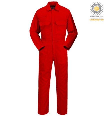 Fireproof suit, Radio ring, button fly, chest pockets, tape measure pocket, adjustable cuffs, red color. CE certified, NFPA 2112, EN 11611, EN 11612:2009, ASTM F1959-F1959M-12