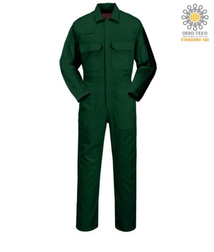 Fireproof suit, Radio ring, button fly, chest pockets, tape measure pocket, adjustable cuffs, green color. CE certified, NFPA 2112, EN 11611, EN 11612:2009, ASTM F1959-F1959M-12