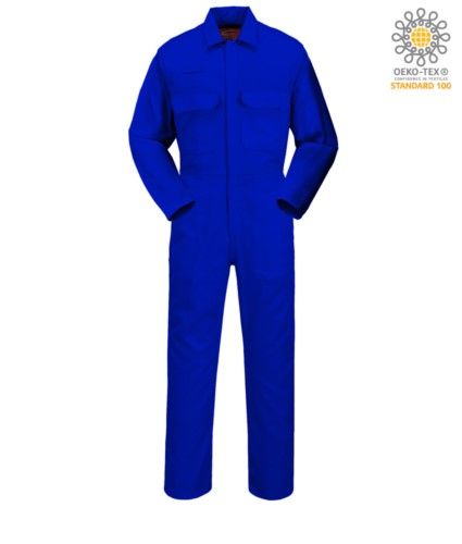 Fireproof suit, Radio ring, button fly, chest pockets, tape measure pocket, adjustable cuffs, royal blue color. CE certified, NFPA 2112, EN 11611, EN 11612:2009, ASTM F1959-F1959M-12