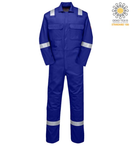 Fireproof coverall, radio ring, button closure, chest pockets, tape measure pocket,royal blue color. CE certified, NFPA 2112, EN 11611, EN 11612:2009, ASTM F1959-F1959M-12