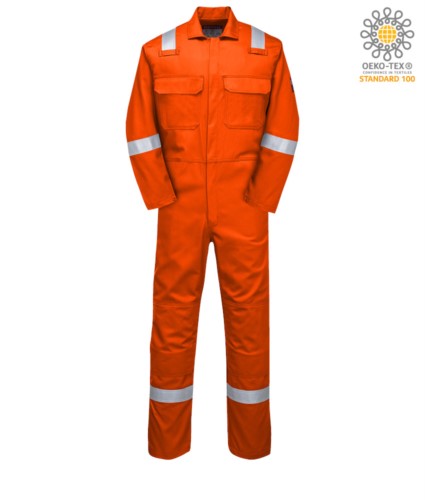 Fireproof coverall, radio ring, button closure, chest pockets, tape measure pocket, orange color. CE certified, NFPA 2112, EN 11611, EN 11612:2009, ASTM F1959-F1959M-12