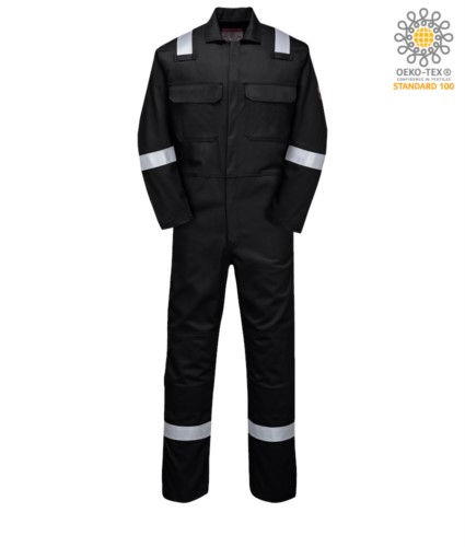 Fireproof coverall, radio ring, button closure, chest pockets, tape measure pocket, black color. CE certified, NFPA 2112, EN 11611, EN 11612:2009, ASTM F1959-F1959M-12