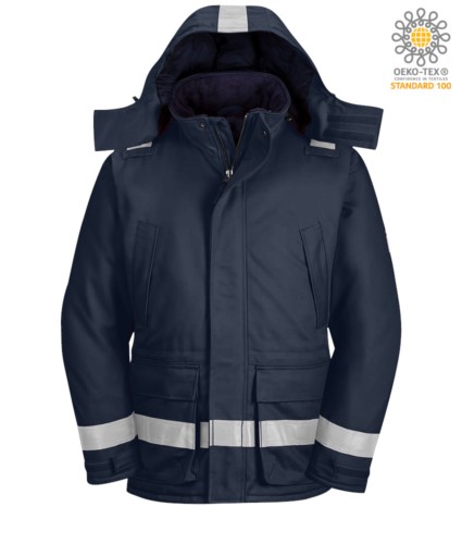 Flame resistant, antistatic winter jacket, two front pockets, zip and button closure, adjustable sleeve opening, detachable hood, certified EN 11611, EN 342:2004, EN 1149-5, EN 11612:2009, colour navy blue