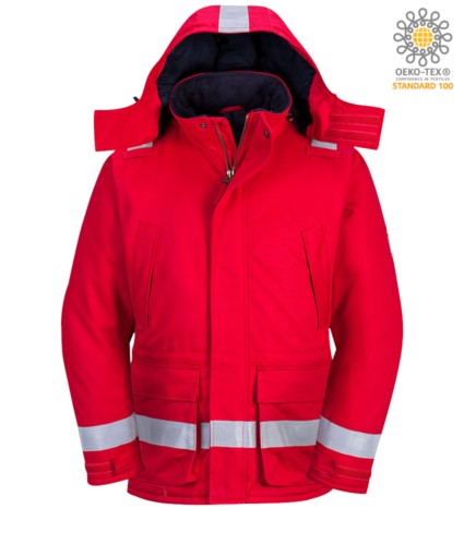 Flame resistant, antistatic winter jacket, two front pockets, zip and button closure, adjustable sleeve opening, detachable hood, certified EN 11611, EN 342:2004, EN 1149-5, EN 11612:2009, colour red