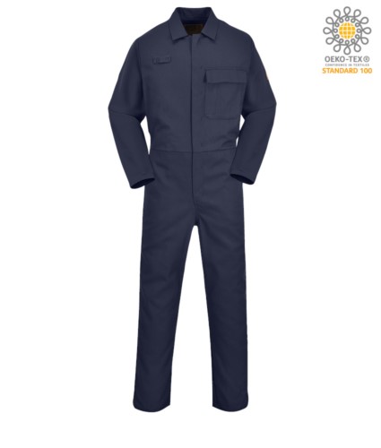 Fireproof coverall, button closure, elasticated waist, side access, tape measure pocket, navy blue radio ring. CE certified, EN11611, EN11612:2009