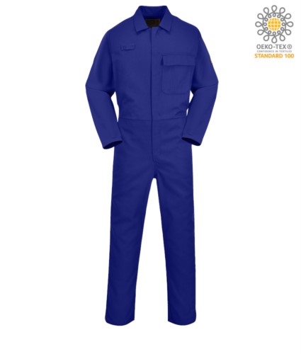 Fireproof coverall, button closure, elasticated waist, side access, tape measure pocket, royal blue radio ring. CE certified, EN11611, EN11612:2009