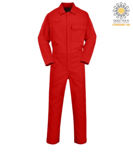 Fireproof coverall, button closure, elasticated waist, side access, tape measure pocket, red radio ring. CE certified, EN11611, EN11612:2009