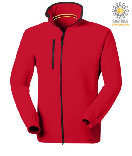 Long zip fleece with chest pocket and two pockets. Double slider zipper. Colour: red