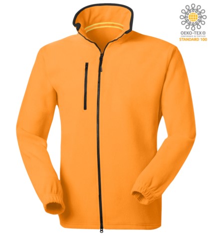 Long zip fleece with chest pocket and two pockets. Double slider zipper. Colour: orange