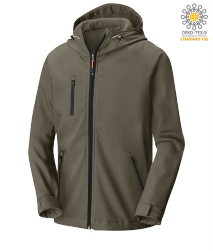 Two layer softshell jacket with hood, waterproof. Color: army green