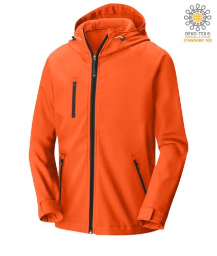 Two layer softshell jacket with hood, waterproof. Color: Orange