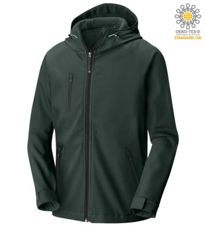 Two layer softshell jacket with hood, waterproof. Color: Green Bottle