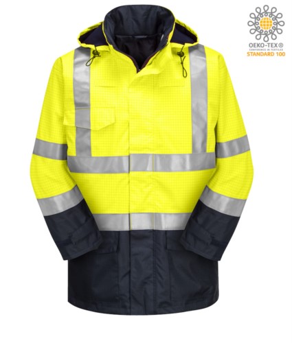 High visibility two-tone multipro jacket, double direction zip, concealed and detachable hood, contrast stitching, double band on waist and sleeves, certified EN 343:2008, GO-RT 3279, UNI EN 20471:2013, EN 1149-5, EN 13034, UNI EN ISO 14116:2008, color yellow/blue 
