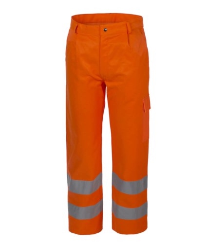 High visibility trousers, multi-pocket, double reflective band at the bottom of the leg, certified EN 20471, color orange 