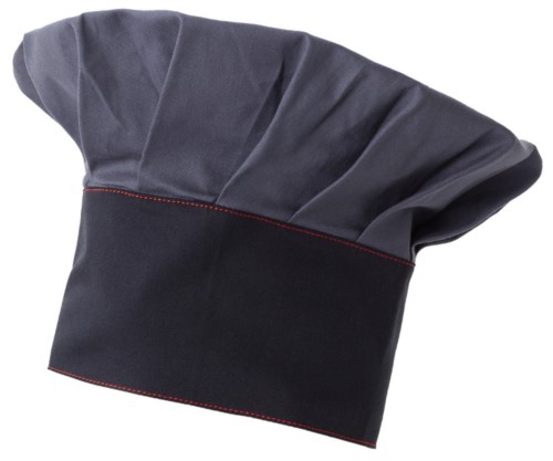Chef hat, double band of fabric, upper part inserted and stitched in pleats, colour grey blue 